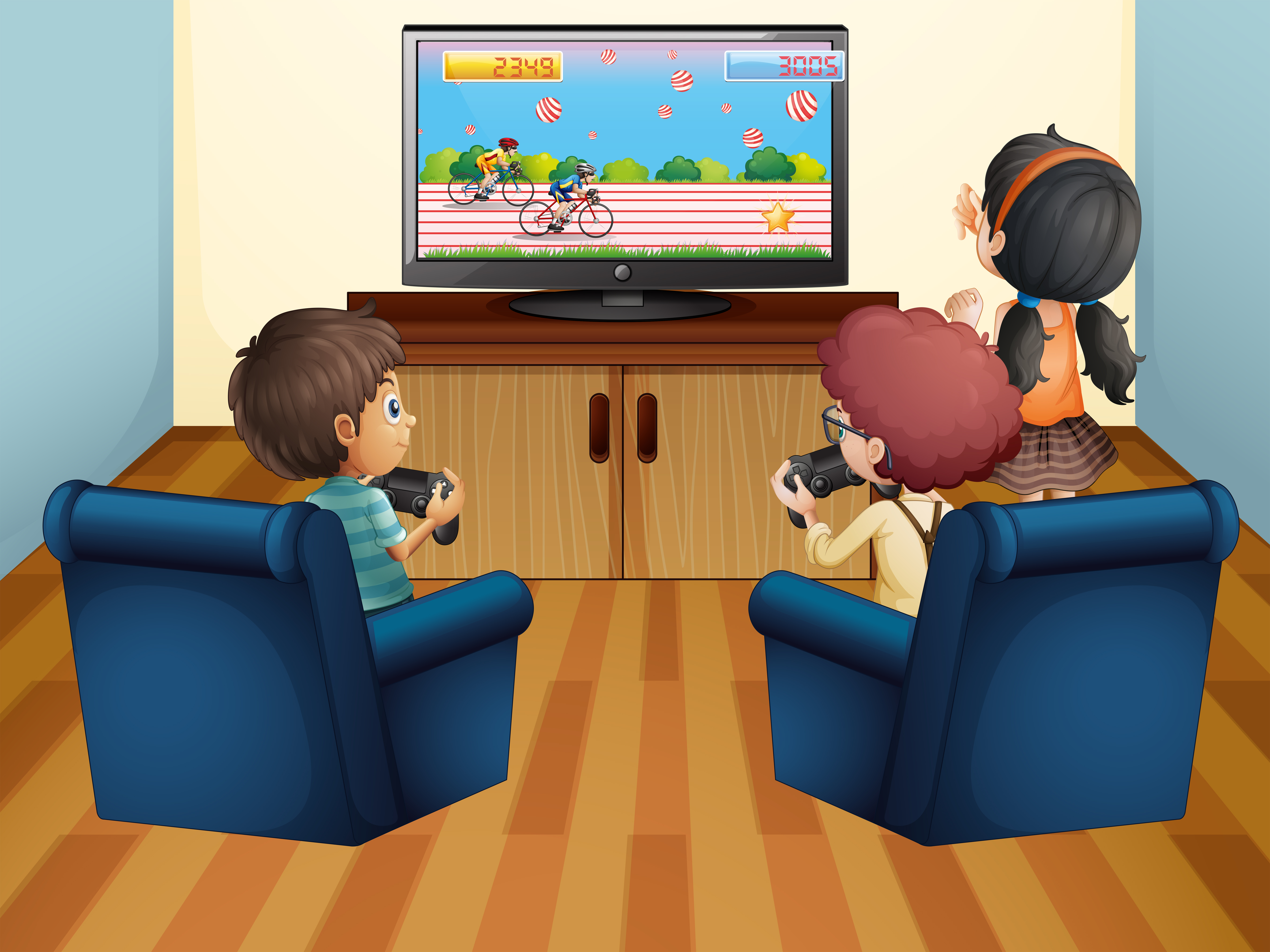 Three kids playing computer game at home 368367 Vector Art at Vecteezy