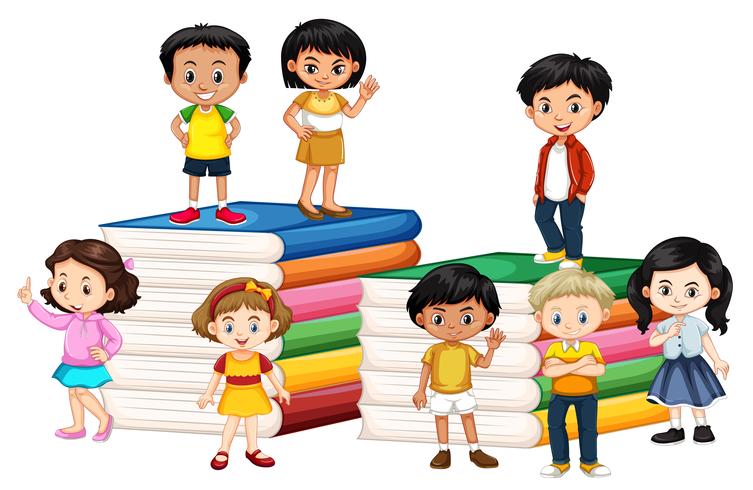 Felices los niños de pie en los libros vector