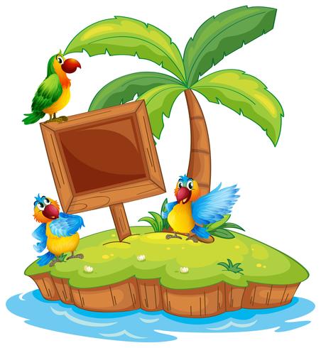 Scene with three parrots on island vector