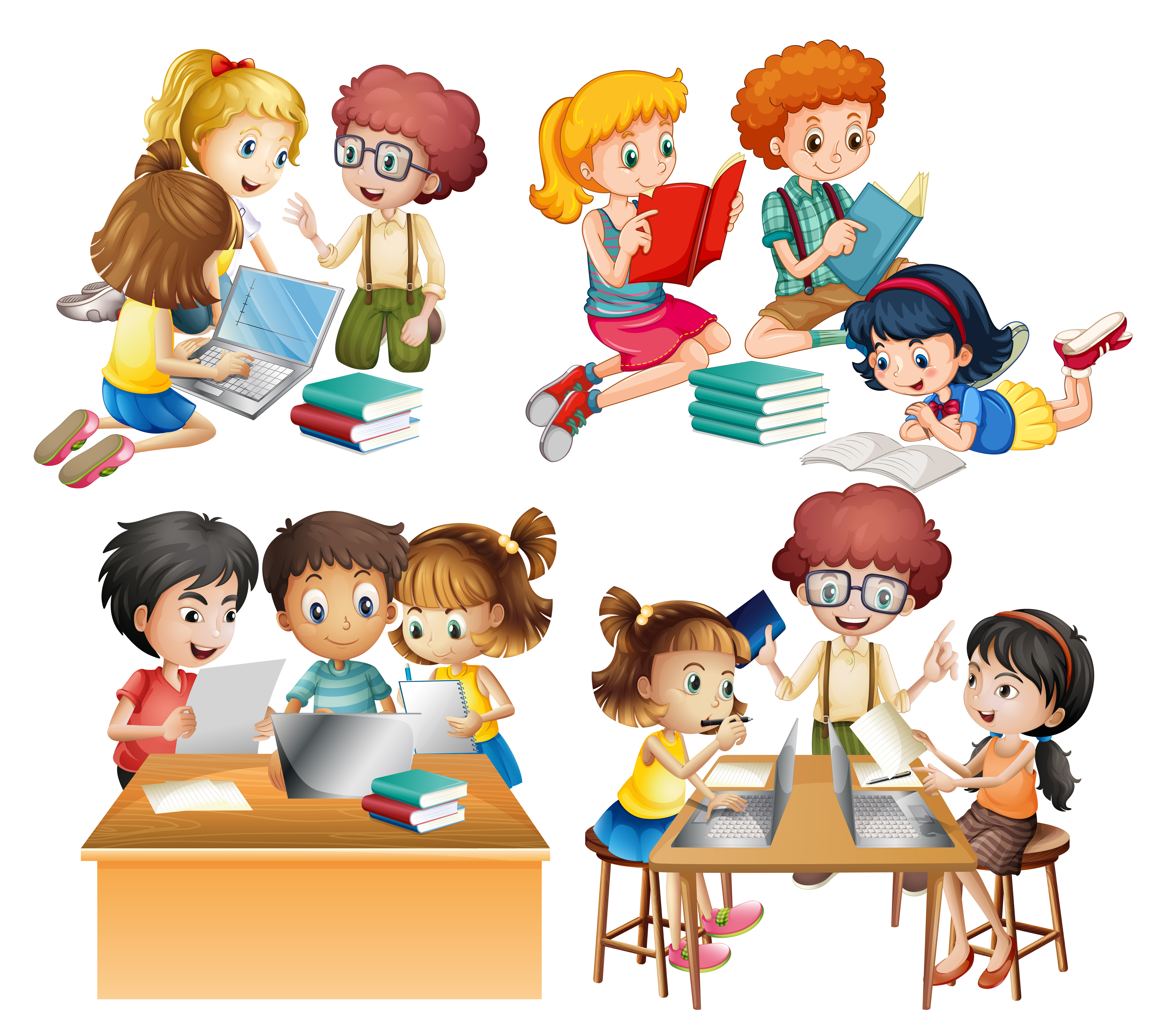 Groups of students reading and working on computer 446985 Vector Art at  Vecteezy