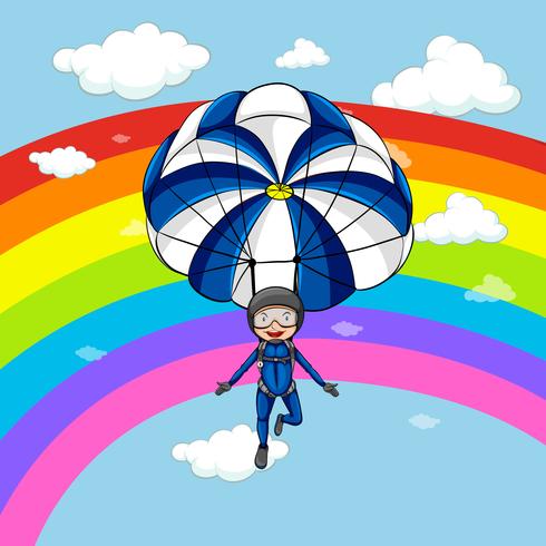 Hombre paracaidismo en el cielo con fondo de arco iris vector