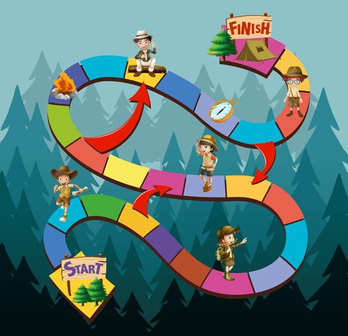 Game template with kids hiking on mountain vector