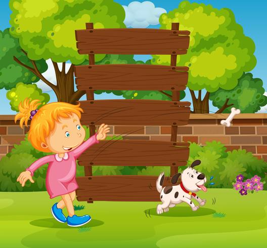 Wooden sign and girl in the park vector