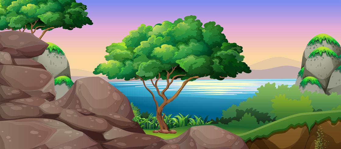 Escena de la naturaleza con lago y rocas vector