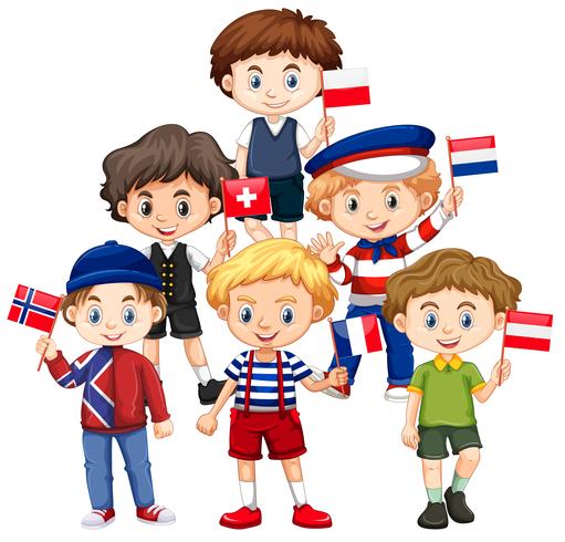 Niños con banderas de diferentes países. vector