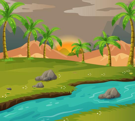 Scene with coconut trees along the river vector