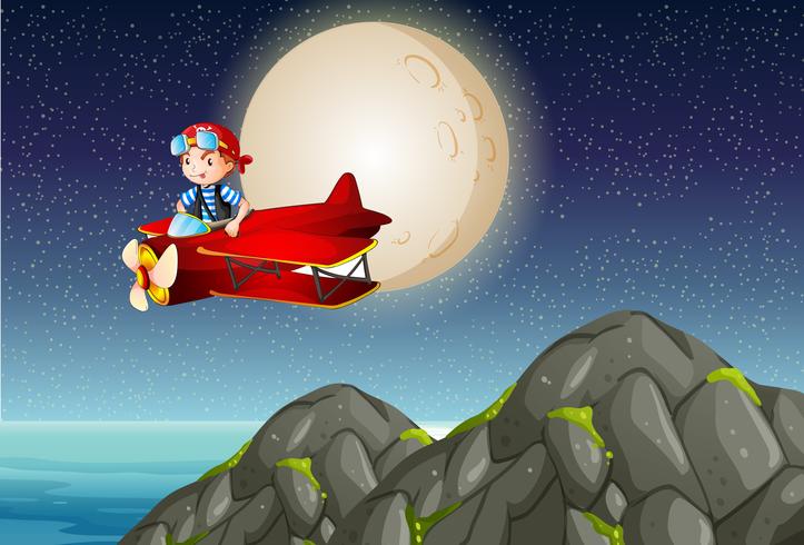 Pilot flying plane over mountain at night vector