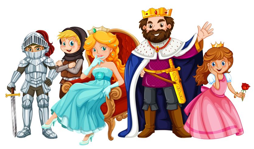 Personajes de cuento de hadas con rey y reina. vector