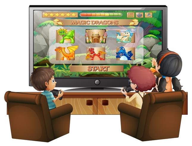 Kids playing game with big screen TV vector