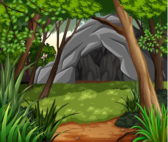 Escena de fondo con cueva en el bosque vector