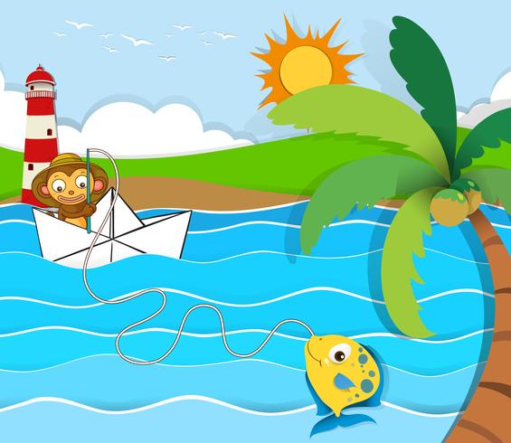 Monkey fishing in the river vector
