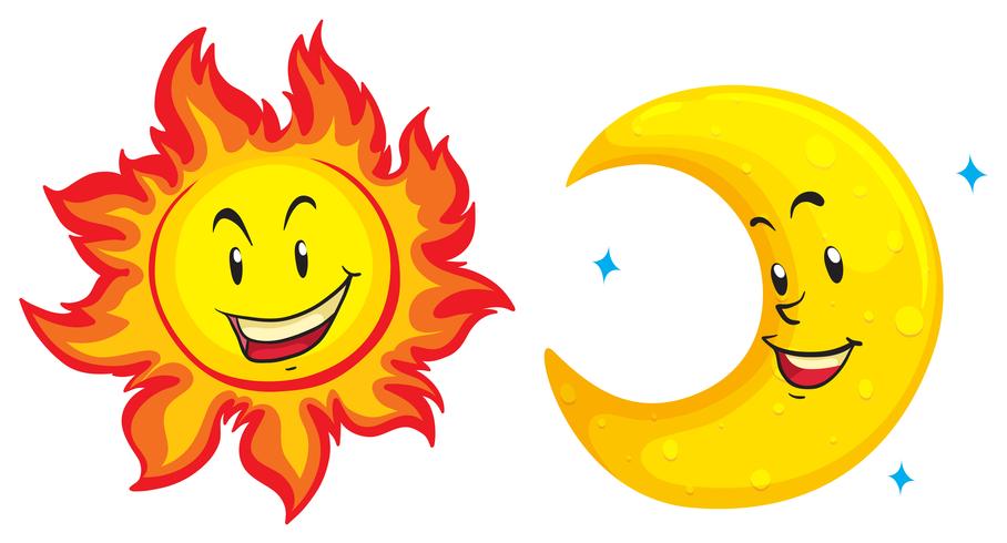 Sol y luna con cara feliz. vector