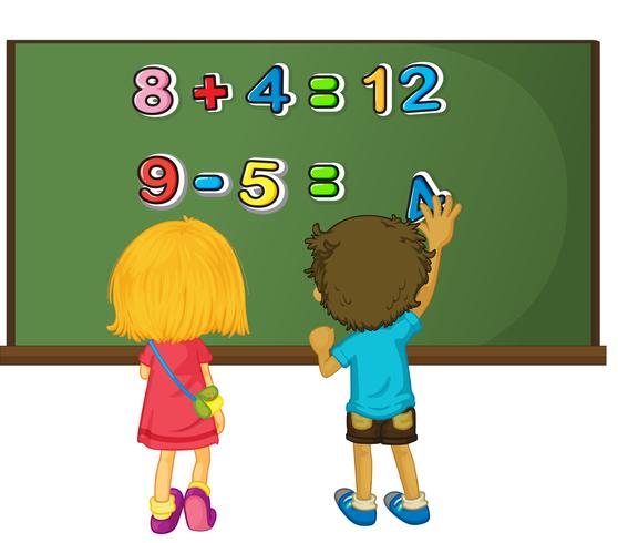 Two kids solving math problem on board vector