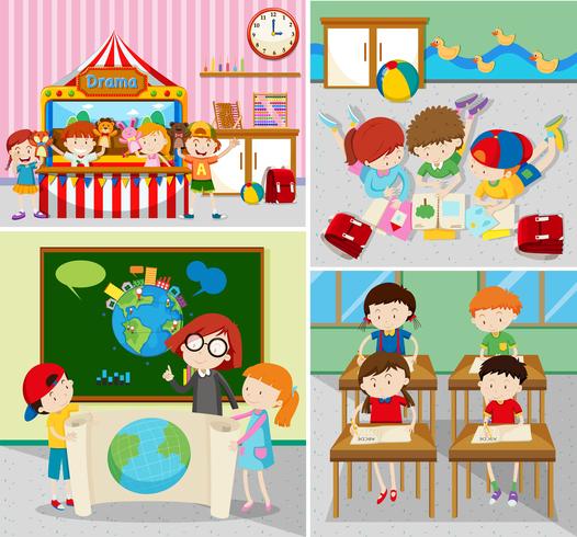 Students learning and playing in classrooms vector