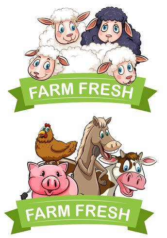 Diseño de etiquetas con animales de granja. vector