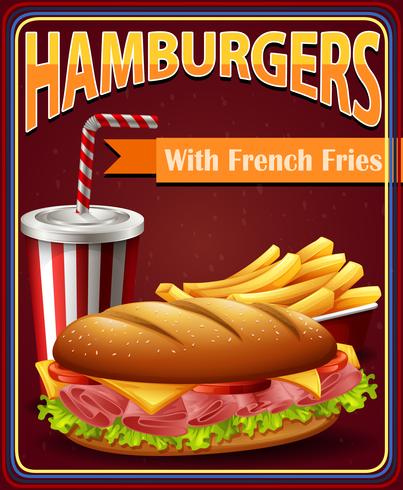 Tablero de anuncios con hamburguesas y papas fritas. vector