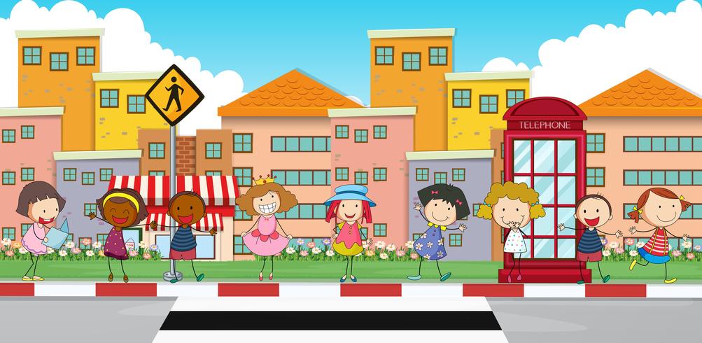 Happy children standing on sidewalk vector