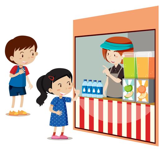 Niños comprando bebidas en la tienda. vector