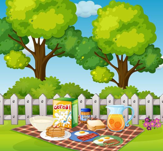 Picnic en el jardín por la mañana. vector