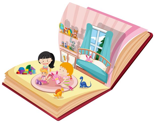 Niñas jugando en el dormitorio en el libro vector