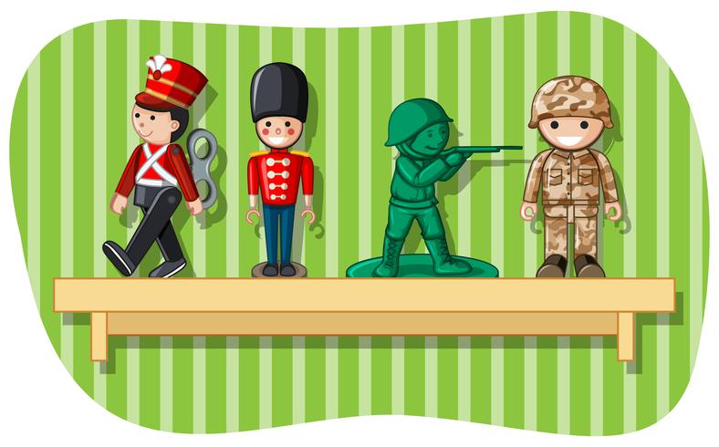 Soldier figures on wooden shelf vector