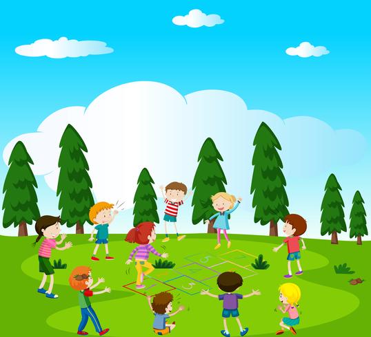 Happy kids playing hopscotch in the park vector