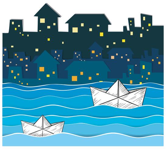 Paper boats floating along the river in city vector