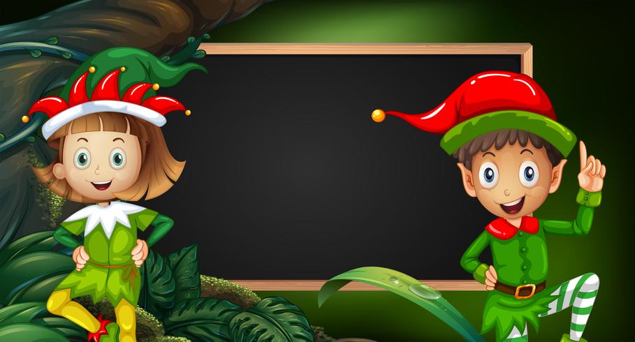 Boy and girl in elf costume by blackboard vector