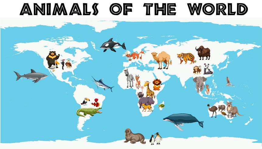 Different types of animals around the world on the map vector