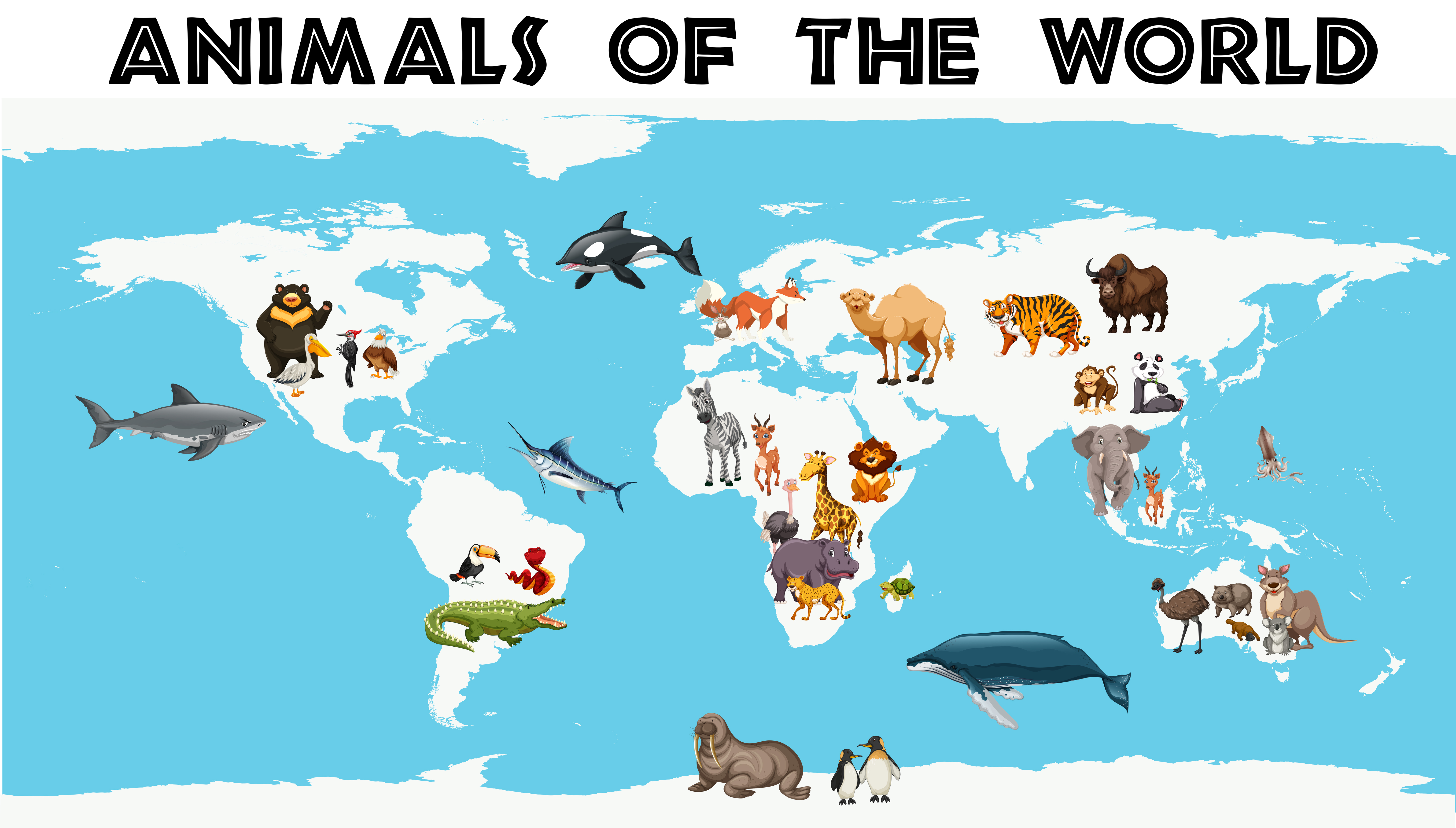 Different types of animals around the world on the map 447391 Vector