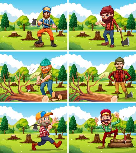 Different deforestation scene with lumberjacks vector