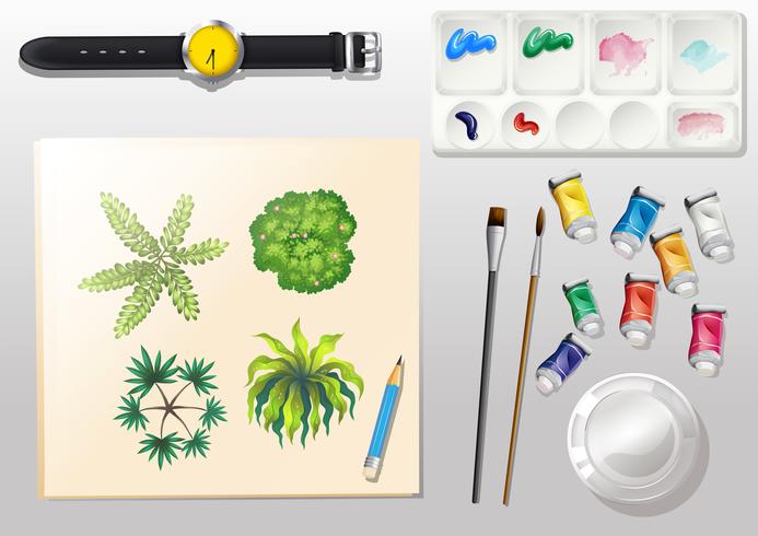 A topview of the materials for painting and a watch vector