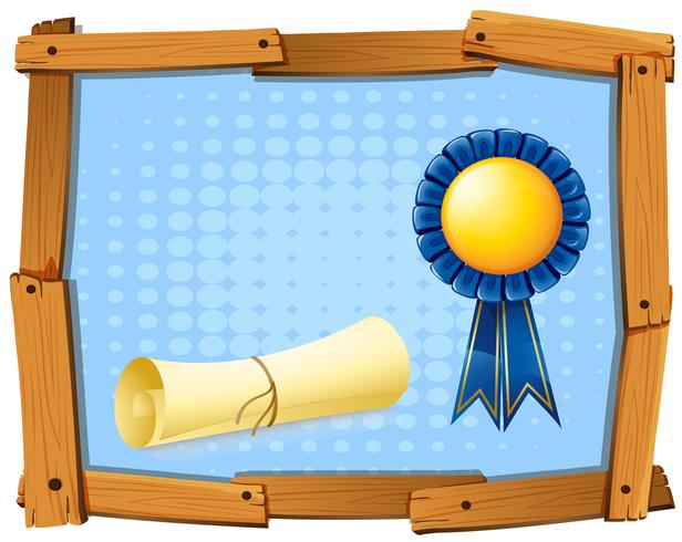 Wooden frame with blue ribbon and roll of paper vector