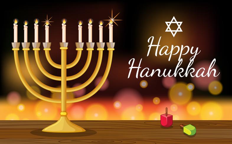 Plantilla de tarjeta de feliz Hanukkah con símbolos y luces vector