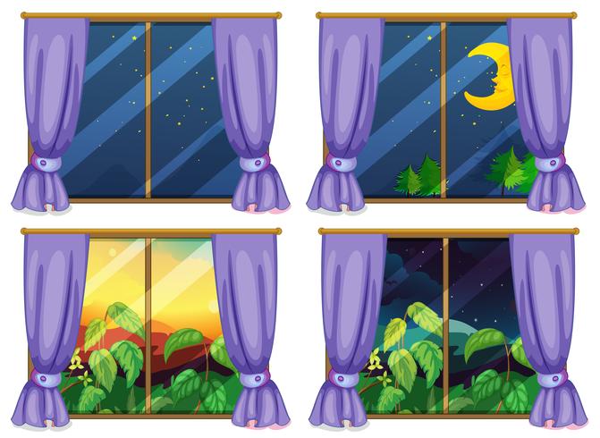 Four window scenes day and night vector