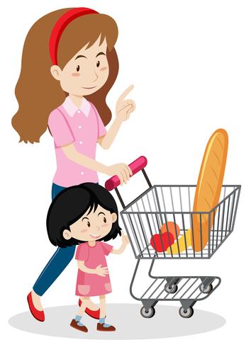 Niña y madre comprando comida vector
