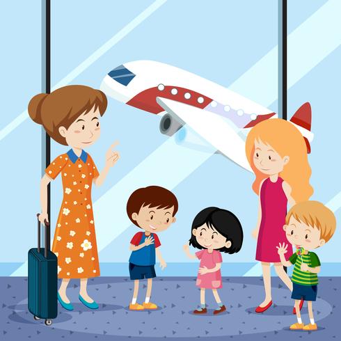 People at the airport with airplane in background vector