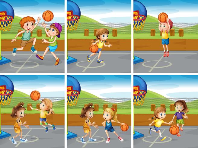 Niños y niñas jugando al baloncesto vector