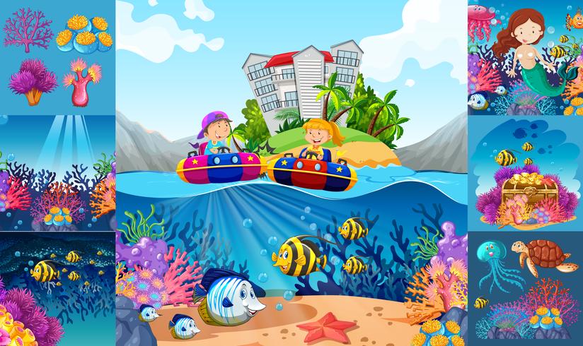 Escenas marinas con niños y animales marinos. vector