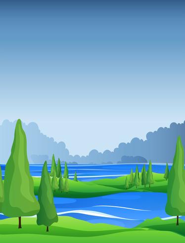 Scene with pine trees and river vector