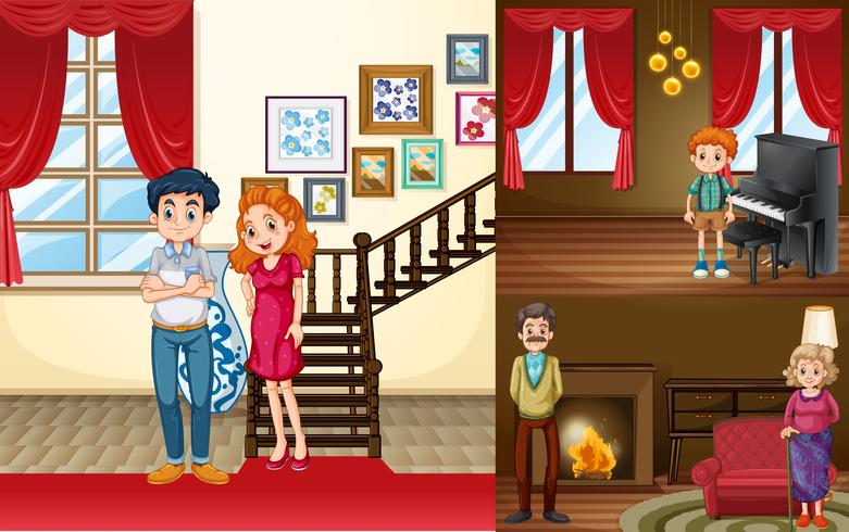 Family members in different rooms of the house vector