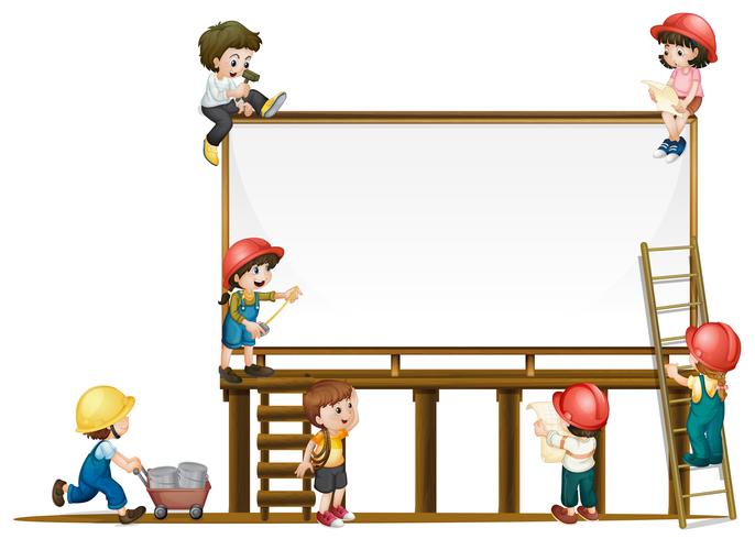 Plantilla de tablero y niños trabajando en construcción. vector