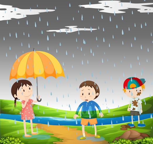 Tres niños bajo la lluvia vector