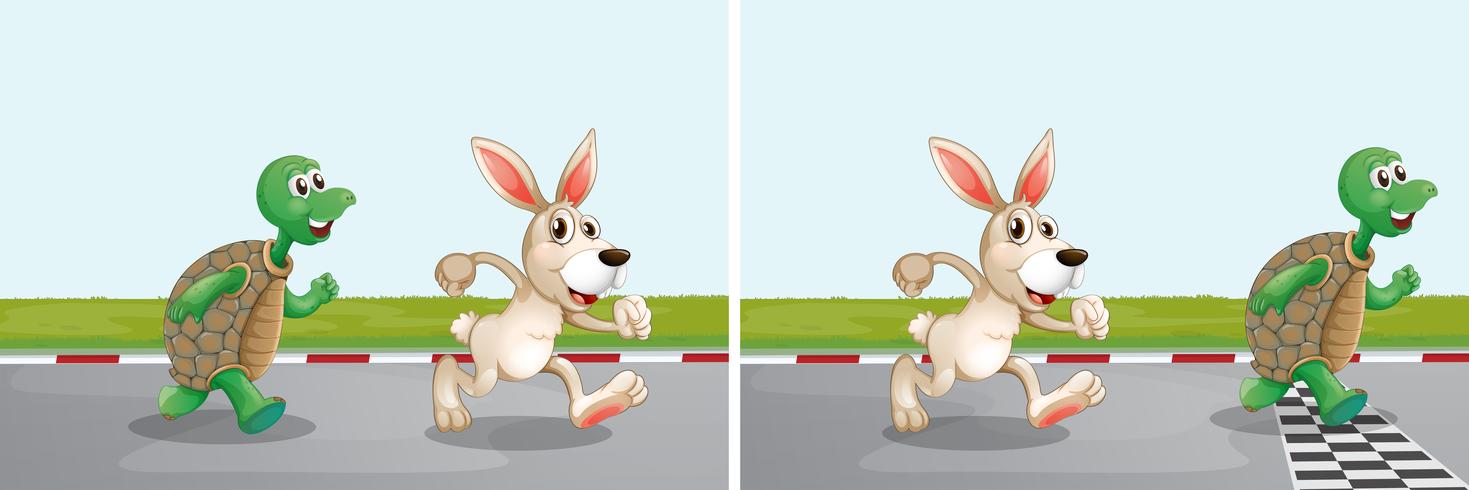 Rabbit and turtle race on the road vector