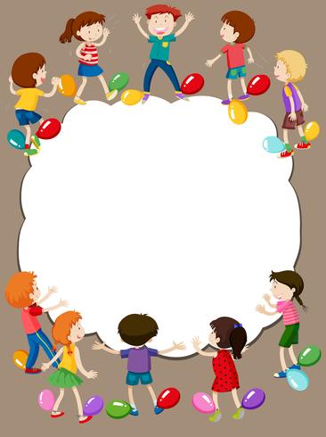 Border template with kids playing balloons in background vector