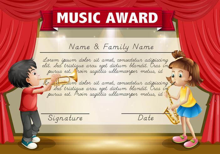 Certificate template with kids playing music on stage vector