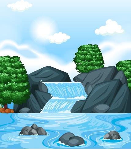 Escena de fondo con cascada y arboles vector