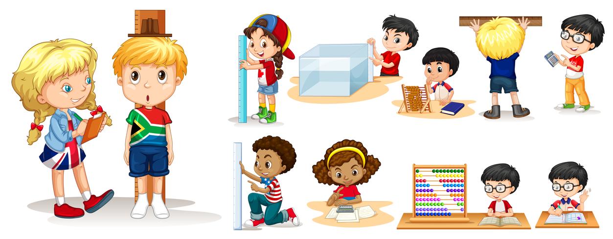 Many children measuring things with different tools vector