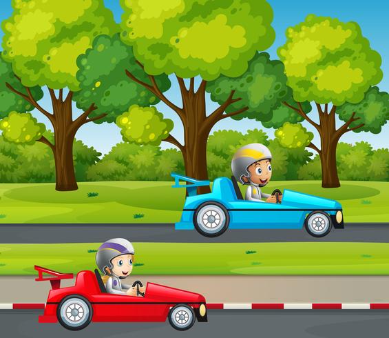 Two kids racing car in the park vector