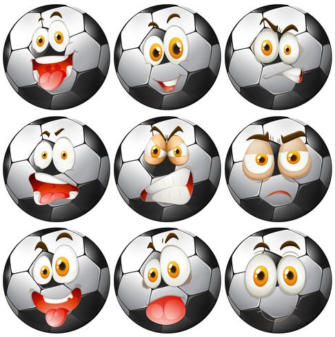 Pelota de futbol con expresiones faciales. vector